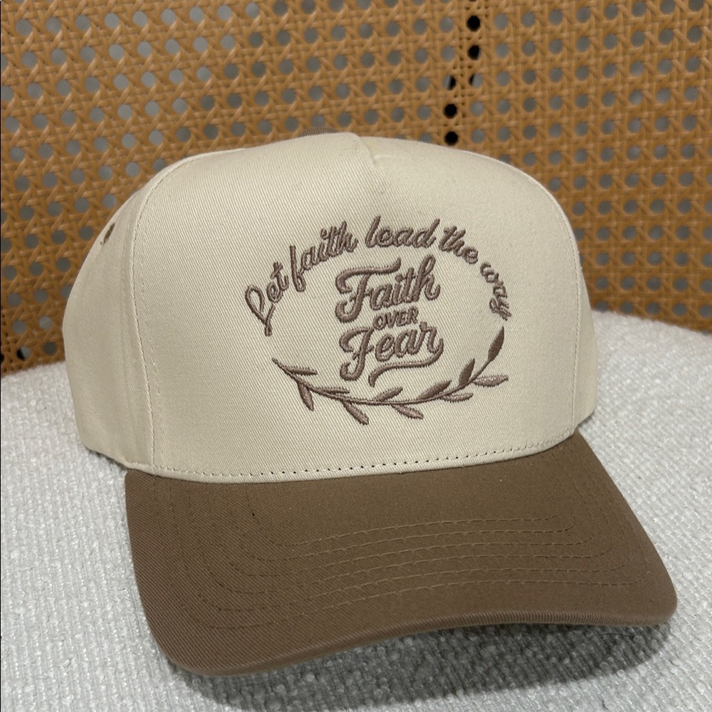 CC Boutique Beige and Brown Embroidered 'Faith Over Fear' Baseball Cap